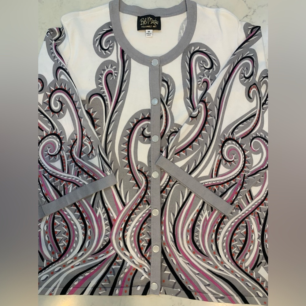 Bob Mackie White and Gray Swirl Cardigan